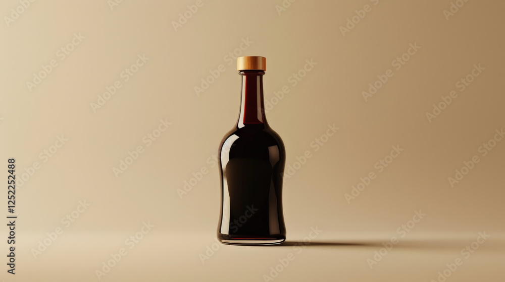 Minimalist soy sauce bottle with wooden cap on gradient background Minimalist soy sauce bottle with wooden cap on gradient background