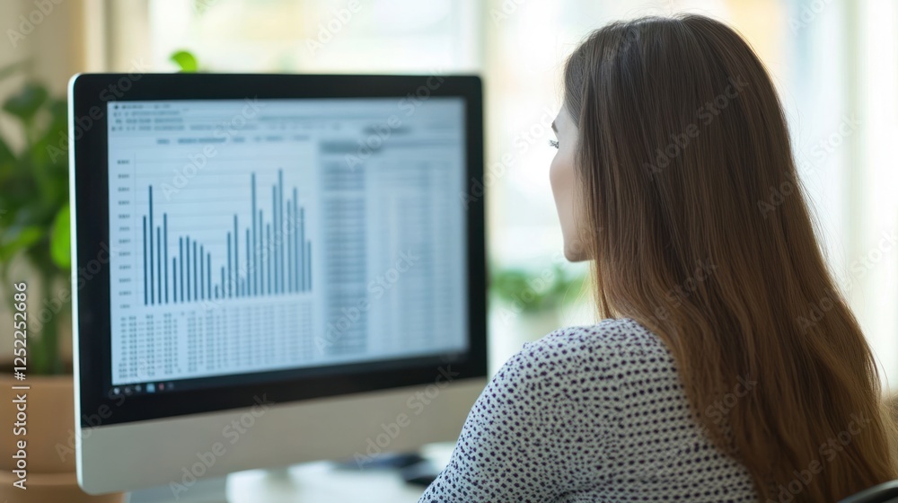 Woman reviewing data charts on desktop computer. Woman reviewing data charts on desktop computer.