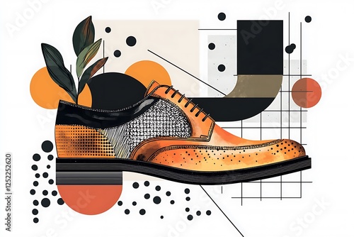 A pair brogues illustrated with geometric patterns, framed by minimalist shapes