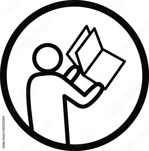 Minimalistic black and white icon of a person reading an open book, enclosed in a circle. Perfect for educational, instructional, or informational design projects and signage