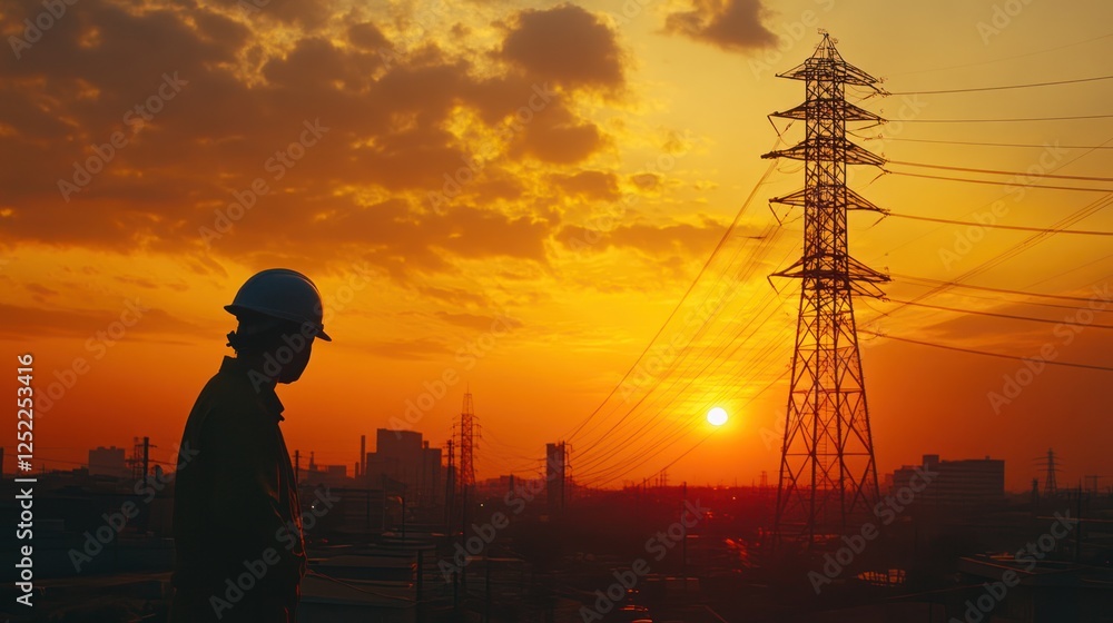 Fototapeta premium Silhouette of engineer at sunset by power lines.
