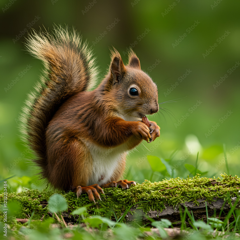 Fototapeta premium Red Squirrel Eating on Mossy Log in Forest