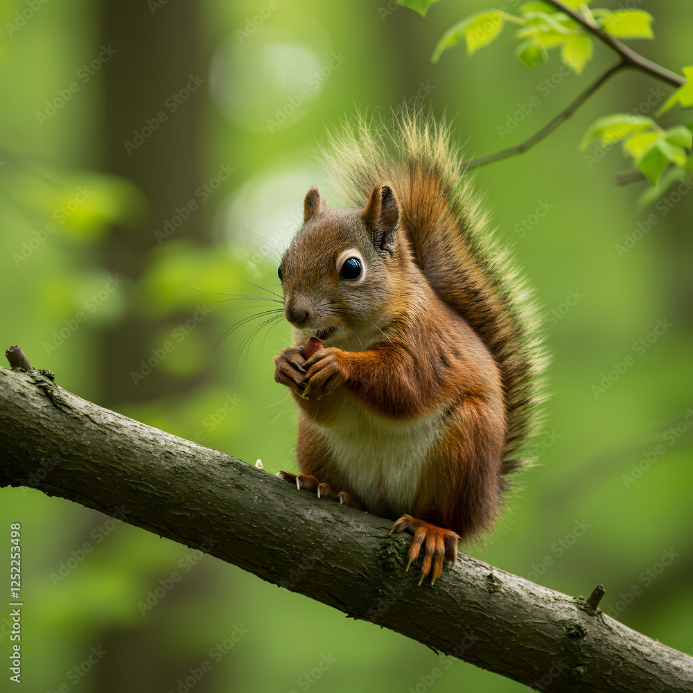 Cute red squirrel, Sciurus vulgaris, eating a nut in a green spring forest with copy space. Lovely wild animal with long ears and fluffy tail feeding in ... Cute red squirrel, Sciurus vulgaris, eating a nut in a green spring forest with copy space. Lovely wild animal with long ears and fluffy tail feeding in ...