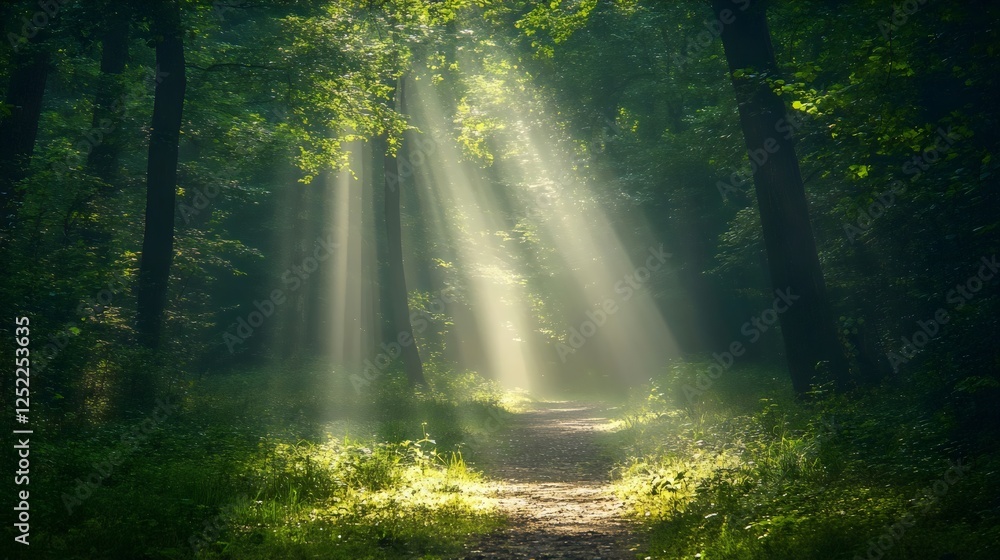 Obraz premium Rainforest Trail with Sunlight Piercing Through the Mist