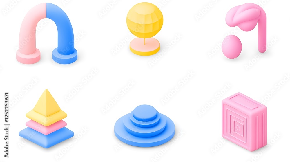 Six Pastel Colored Isometric Three Dimensional Shapes Six Pastel Colored Isometric Three Dimensional Shapes
