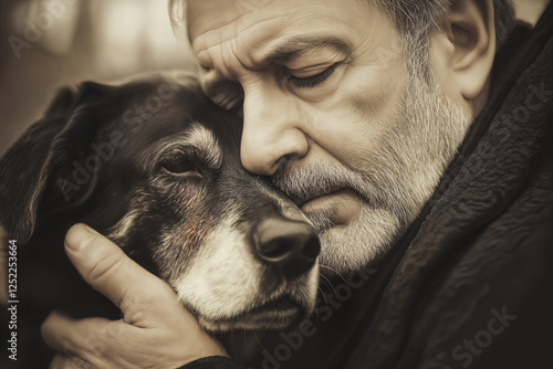 Elderly man tenderly hugs his old dog. Friendship between a man and an old dog, saying goodbye to a friend, sadness.