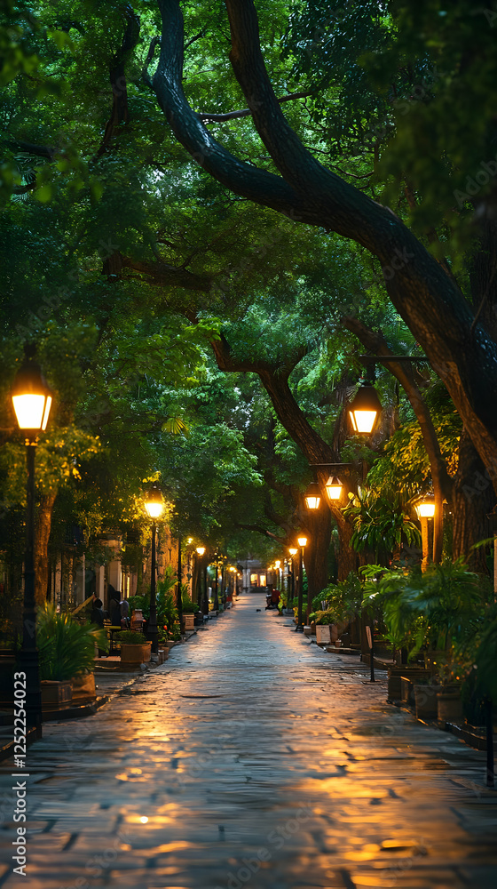 Evening Path Underneath Trees With Lamp Posts Evening Path Underneath Trees With Lamp Posts
