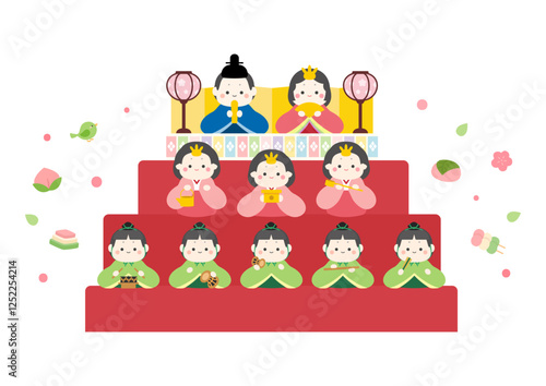 ひな祭りのイラスト　かわいい雛人形の三段の壇飾りとひし餅や桜餅　春3月の行事のベクターイラスト
