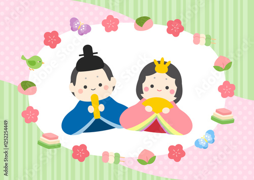 ひな祭りのイラスト　かわいい雛人形とひし餅や桃のフレーム　春3月の行事のベクターイラスト