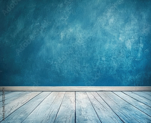 Wallpaper Mural Rustic wood Floor with Textured Blue and Gold Wall Background Torontodigital.ca