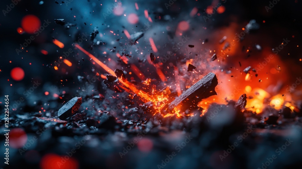 Fiery charcoal explosion, dark background, energy Fiery charcoal explosion, dark background, energy
