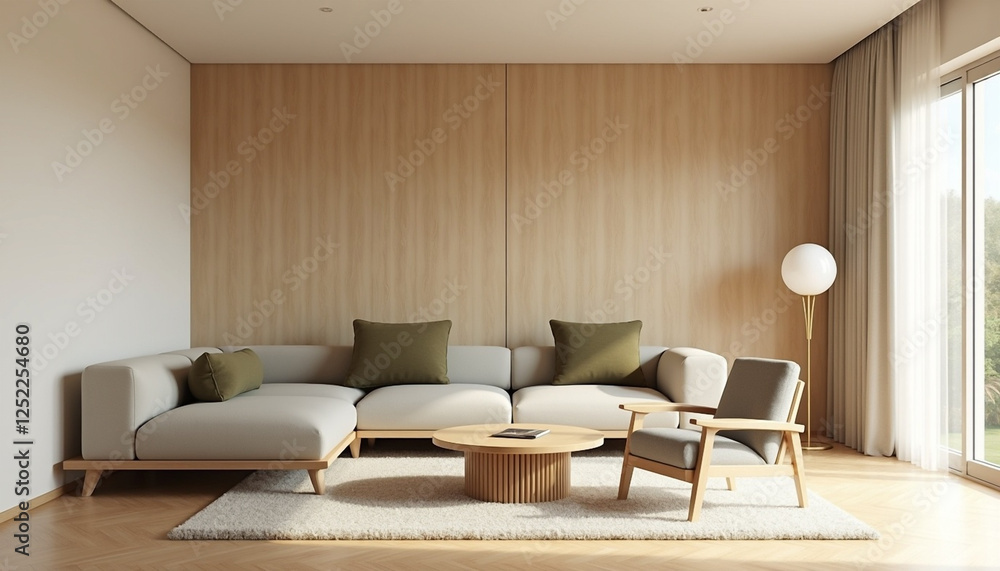 Fototapeta premium Contemporary Office Lounge with Minimalist Furniture, Floor-to-Ceiling Windows, and a Scenic City View