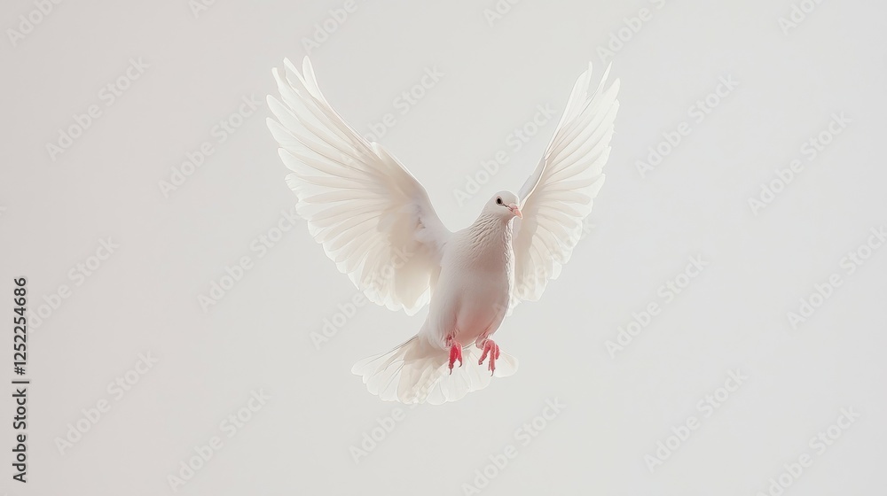 Fototapeta premium A white dove in flight, symbolizing peace and freedom against a light background.