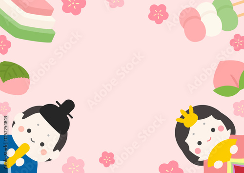 ひな祭りのかわいいフレーム、ひな人形と花とひし餅や桃や桜餅02
