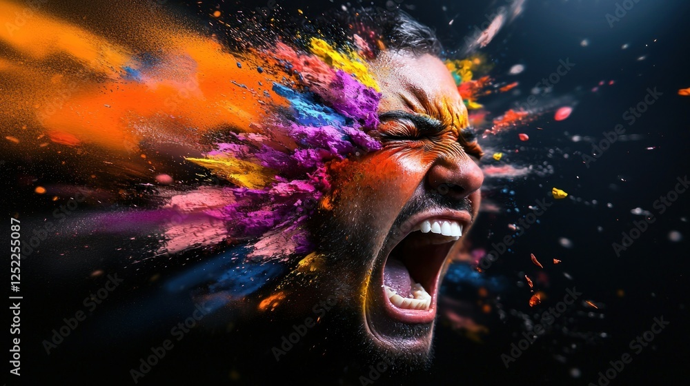 Man exploding with color, powerful emotion, dark background, creative art Man exploding with color, powerful emotion, dark background, creative art