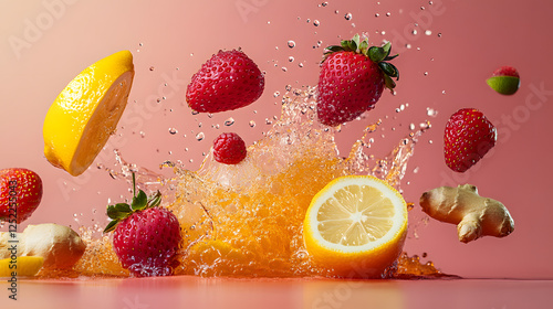 raspberries, strawberries, lemons and ginger falling into a yellow carbonated water, pink background with copy space 