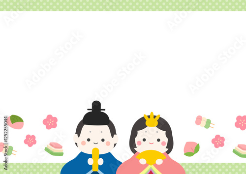 ひな祭りのフレーム、ひな人形と花とひし餅や桃や桜餅01