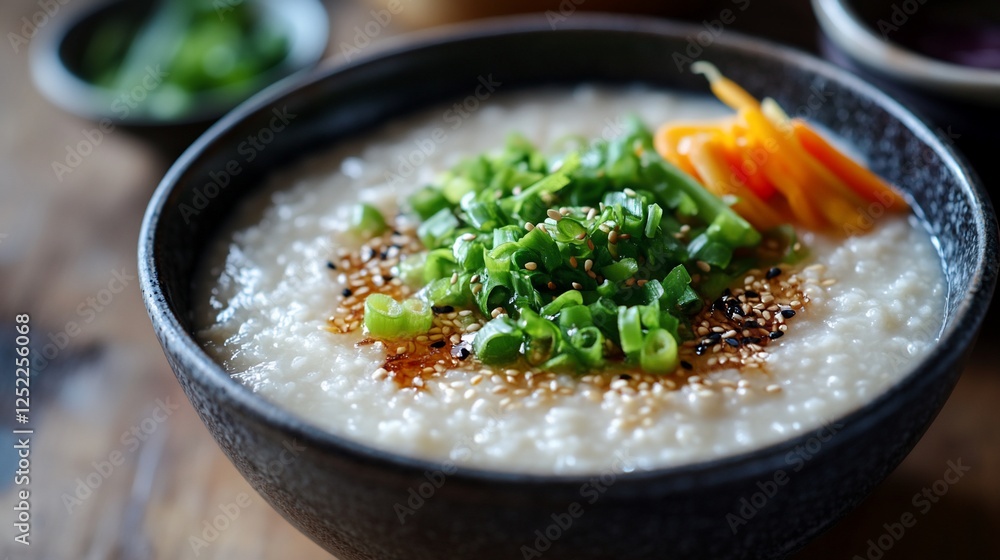 Delicious Rice Porridge, Asian Cuisine, Wooden Table, Garnish Delicious Rice Porridge, Asian Cuisine, Wooden Table, Garnish