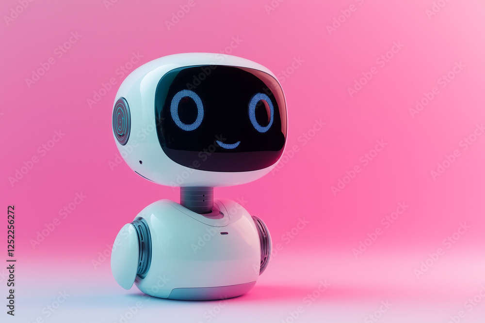 Friendly AI chatbot robot with minimalist design and expressive face isolated on a colorful background Friendly AI chatbot robot with minimalist design and expressive face isolated on a colorful background