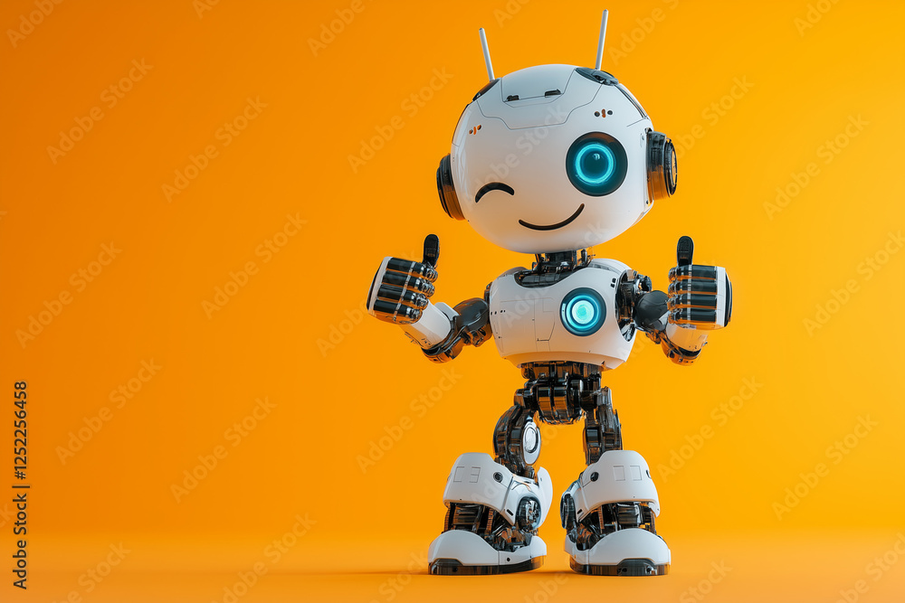 Friendly robot giving a thumbs up isolated on a color background Friendly robot giving a thumbs up isolated on a color background
