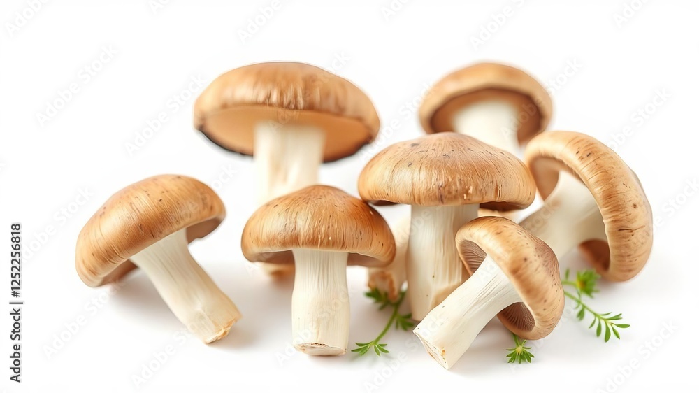 Fresh champignon mushrooms with clean white stalks and delicately speckled caps isolated on a pure white background, agriculture, culinary, delicacy Fresh champignon mushrooms with clean white stalks and delicately speckled caps isolated on a pure white background, agriculture, culinary, delicacy