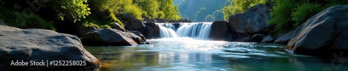Sparkling waterfall flows into serene mountain stream, crystal clear, calm