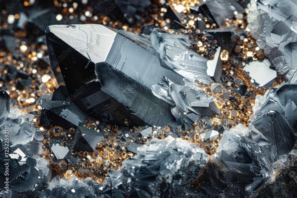 Obraz premium Intricate Close-Up of Shiny Black Crystals and Golden Mineral Formation in Natural Environment