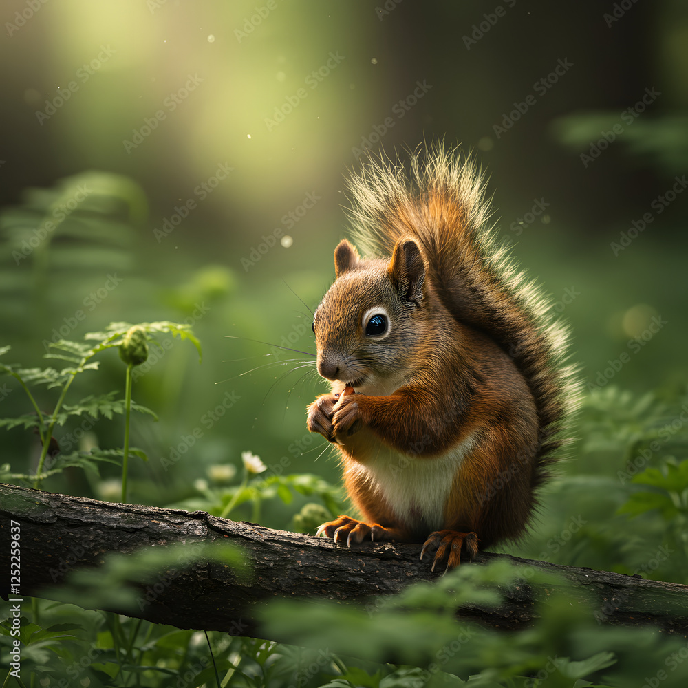 Fototapeta premium Squirrel Eating on Log in Forest with Green Leaves
