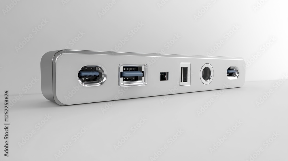 Silver USB hub on white background; tech connectivity Silver USB hub on white background; tech connectivity