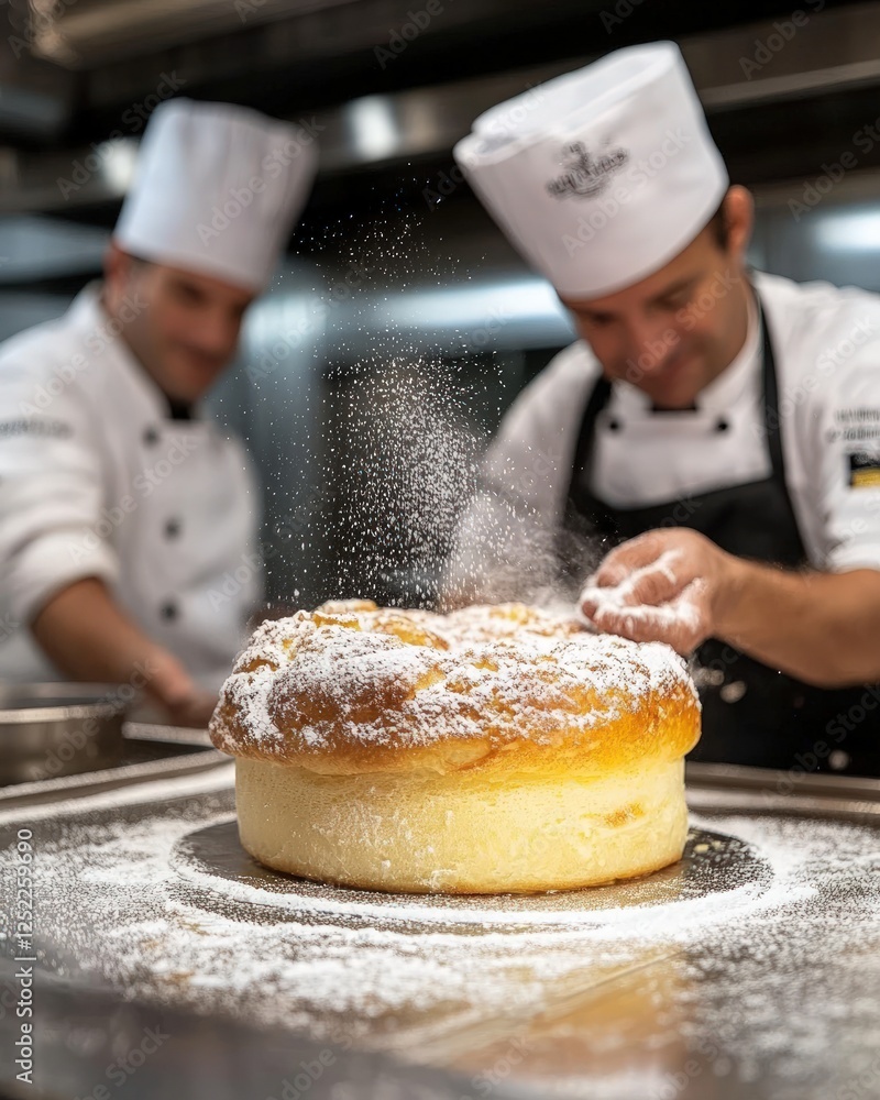 Pastry Chefs Decorate Round Cake With Powdered Sugar Displaying Baking Expertise in the Kitchen Environment with Gourmet Ingredients And Artistic Presentation of Delicious Treats And Culinary Pastry Chefs Decorate Round Cake With Powdered Sugar Displaying Baking Expertise in the Kitchen Environment with Gourmet Ingredients And Artistic Presentation of Delicious Treats And Culinary
