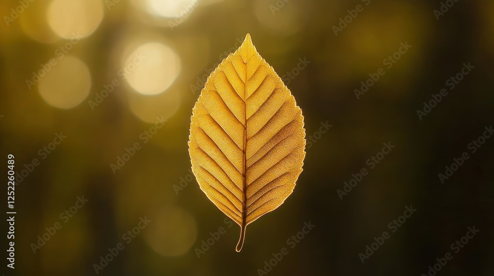 Golden Autumn Leaf Backlit Against Blurred Background Golden Autumn Leaf Backlit Against Blurred Background