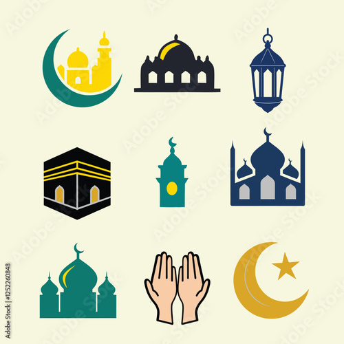 Collection set of Islamic Icons Mosque Kaaba Crescent Moon Lantern Vector