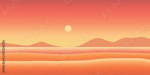 Sunset landscape, mountain, valley, vector illustration for background design.