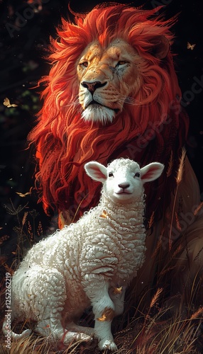 Majestic Lion and Gentle Lamb Symbolizing Harmony, Strength, and Peaceful Coexistence in Nature.