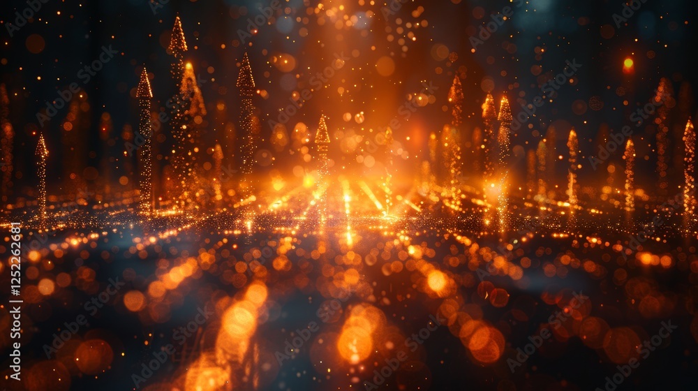 Fototapeta premium Transparent goldish arrows coming upward out of unfocused lines bokeh on dark background, concept of success, growth and development