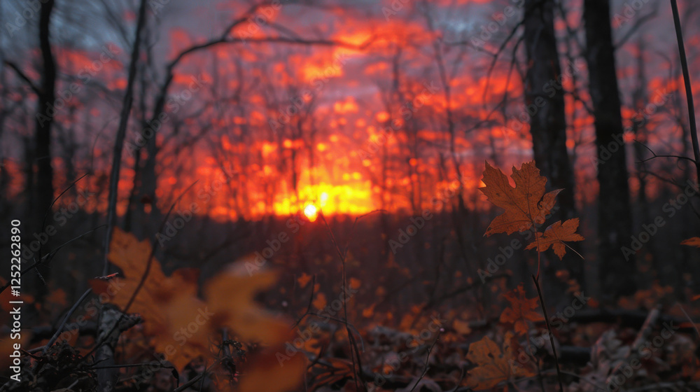 serene autumn landscape featuring vibrant orange leaves against stunning sunset sky. warm colors evoke sense of tranquility and beauty serene autumn landscape featuring vibrant orange leaves against stunning sunset sky. warm colors evoke sense of tranquility and beauty