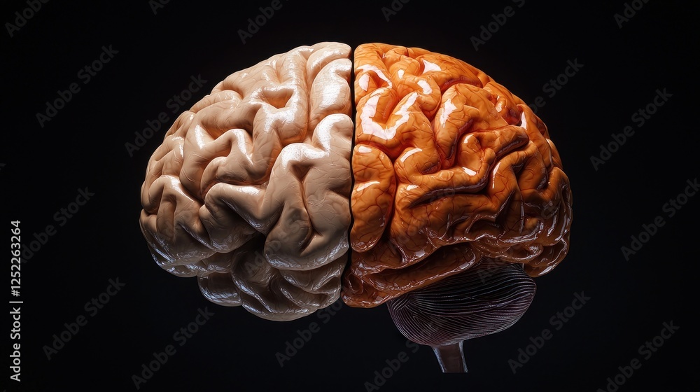 Artistic representation of a human brain split in two colors, showcasing cognitive duality and creativity Artistic representation of a human brain split in two colors, showcasing cognitive duality and creativity