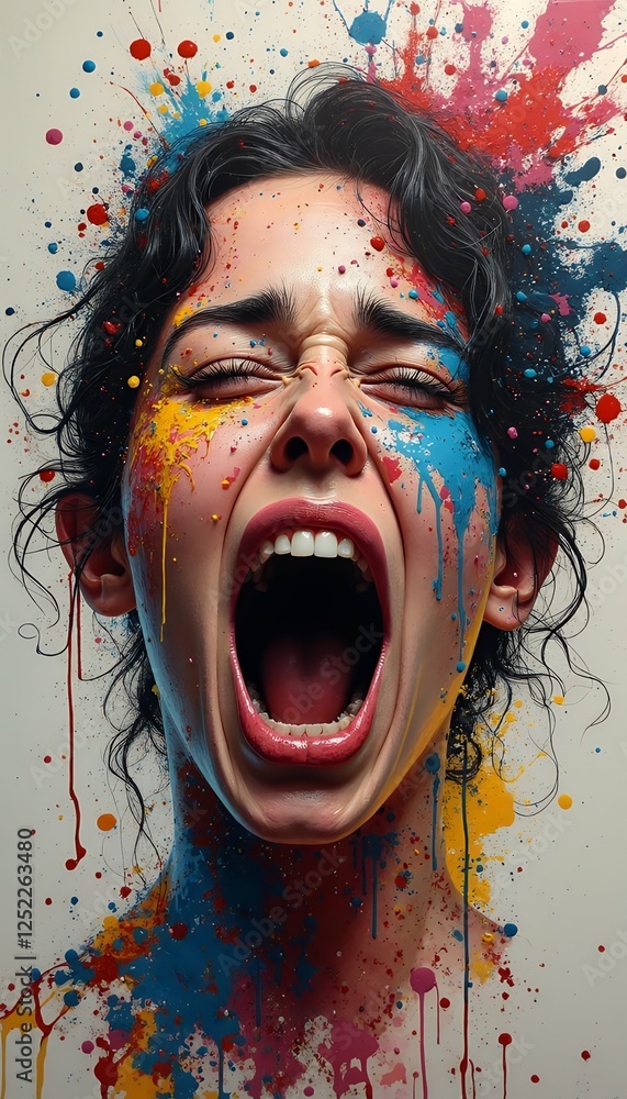 woman screaming splatter art sing panorama graphic girl scream rock woman chick person singing singer microphone mohawk hair music karaoke musician expression anger mad stage concert live music grit