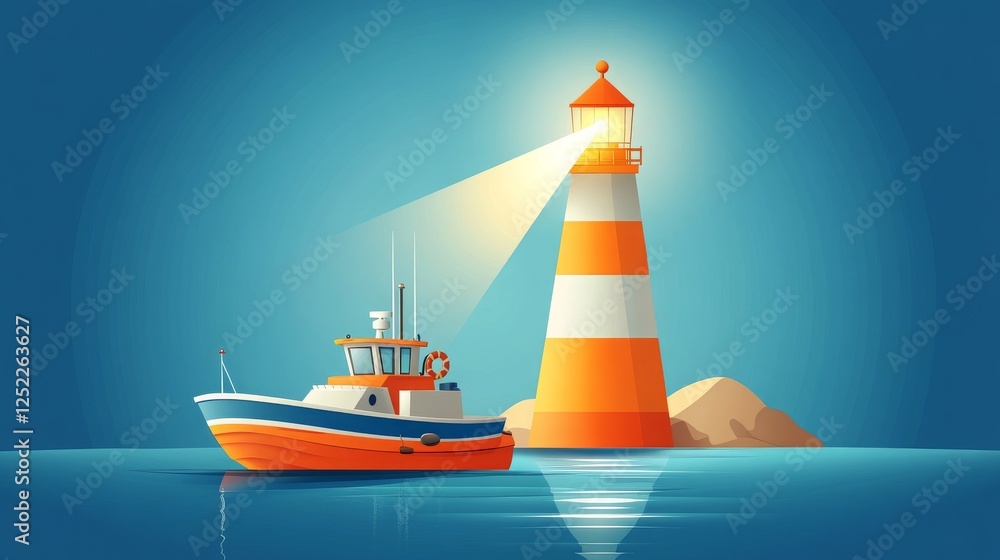 Naklejka premium Royal National Lifeboat Lighthouse and boat in serene ocean setting.