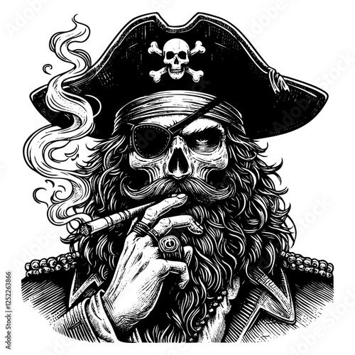 Pirate smoking cigar sketch engraving black and white outline. Scratch board imitation.  illustrated in vintage line art style on a white background.