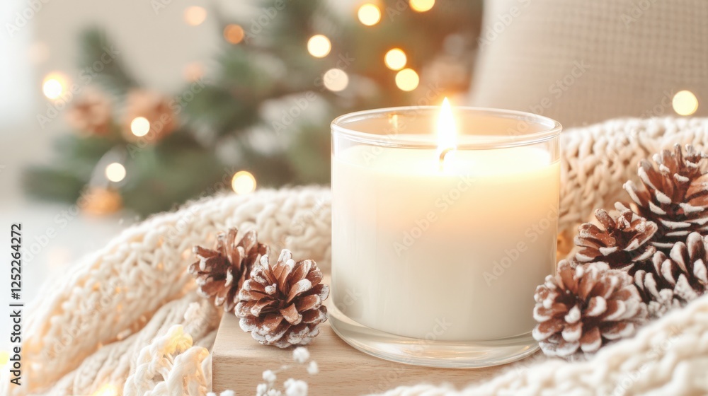 Cozy Winter Scene Featuring a Flickering Candle Surrounded by Pine Cones and Warm Christmas Lights, Perfect for Creating a Festive Atmosphere at Home