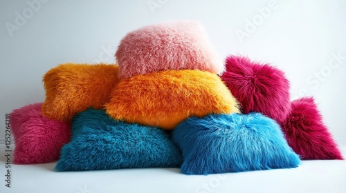 Colorful fluffy pillows stacked on white background. Home decor