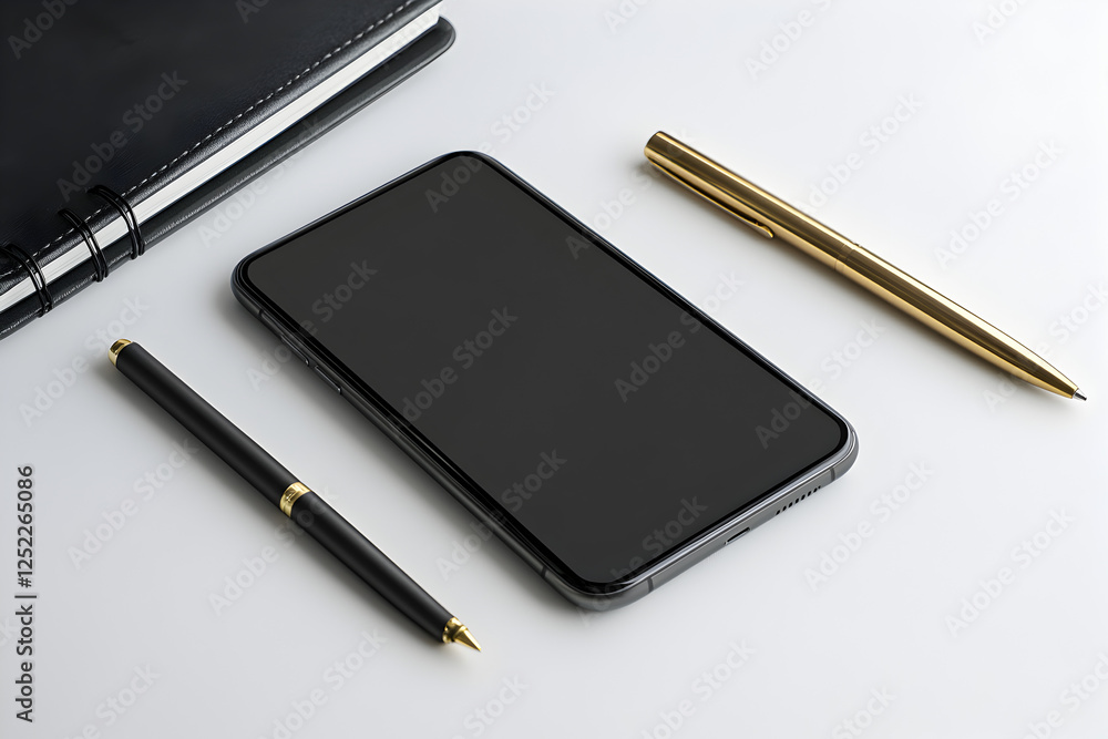 A sleek smartphone placed next to a minimalist planner and gold pen on a white surface,
A sleek smartphone placed next to a minimalist planner and gold pen on a white surface,