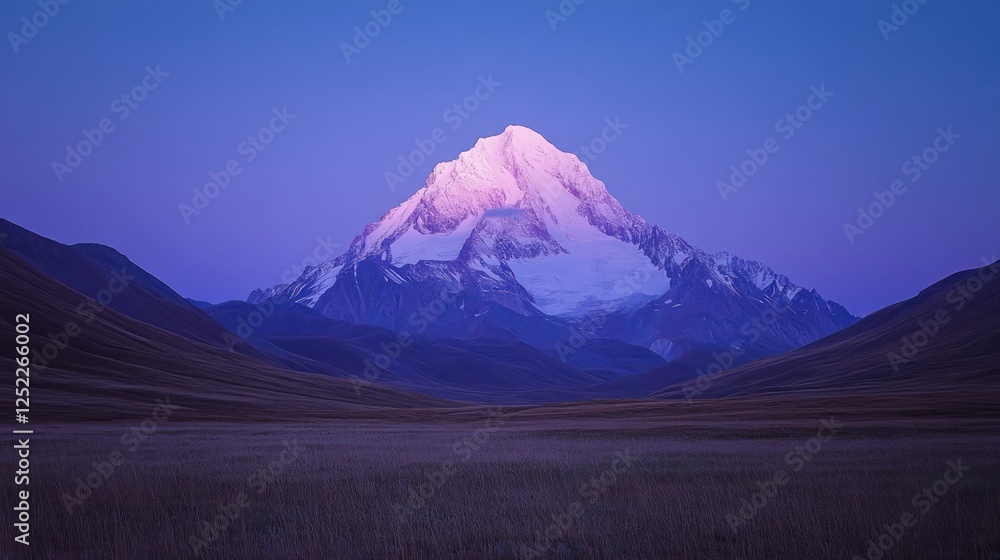 Majestic Snowcapped Mountain at Dusk Over Rolling Hills Majestic Snowcapped Mountain at Dusk Over Rolling Hills
