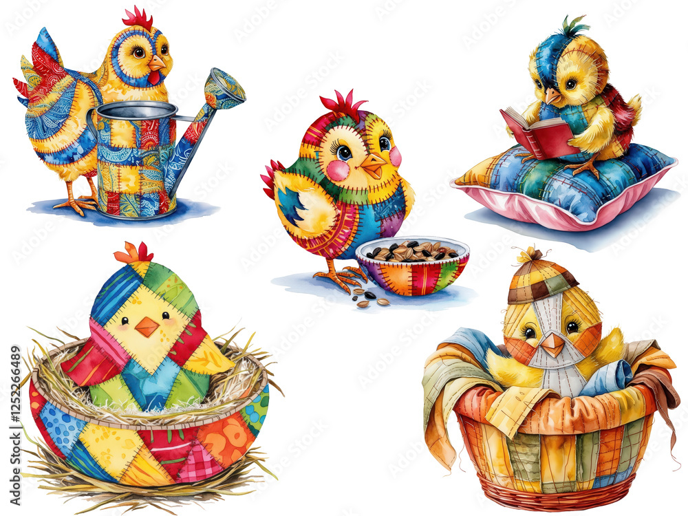 Fototapeta premium Colorful cartoon Easter egg sets with birds and chickens, fun vector illustrations for holiday celebration