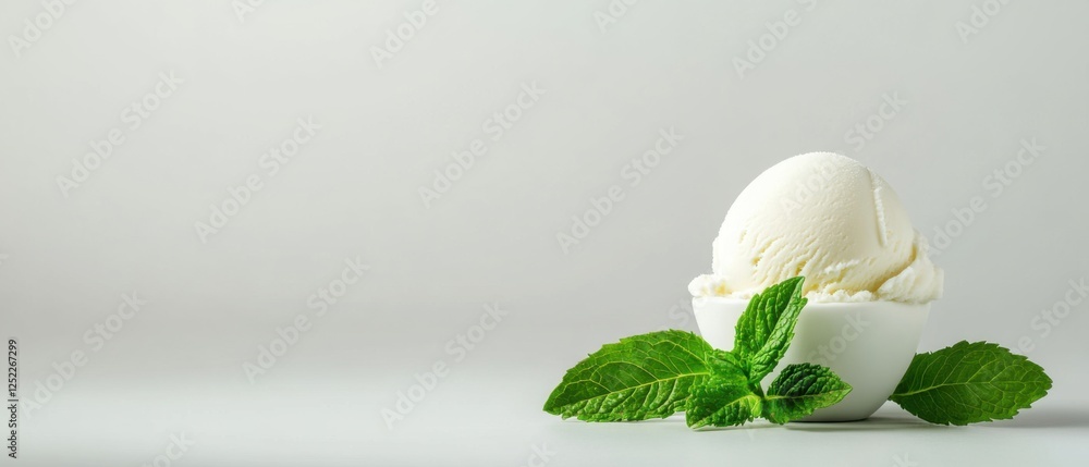 Creamy Vanilla Ice Cream Scoop with Fresh Mint Leaves on White Surface Creamy Vanilla Ice Cream Scoop with Fresh Mint Leaves on White Surface