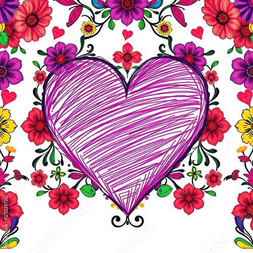 Scribbled Heart of Love for Mother's Day with Flourishing Flowers