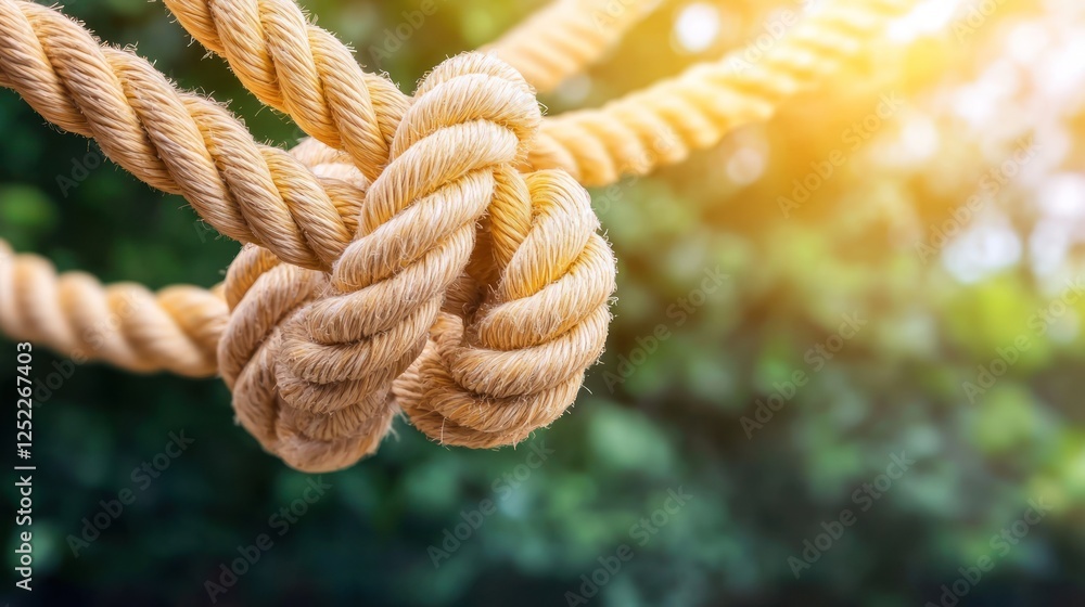 Close-up of a beautifully tied knot in natural rope with a blurred green background Close-up of a beautifully tied knot in natural rope with a blurred green background