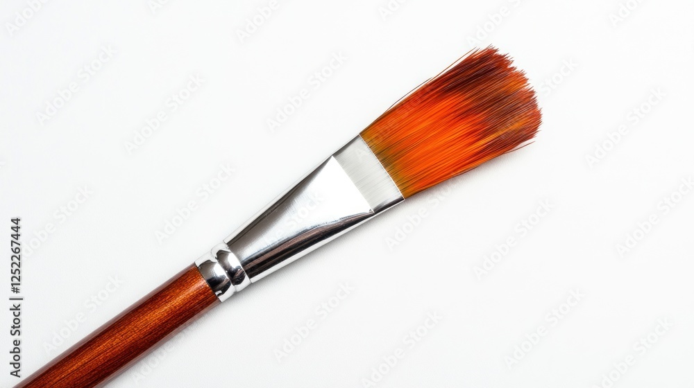 Flat lay orange paintbrush, wooden handle, white background, art supplies Flat lay orange paintbrush, wooden handle, white background, art supplies
