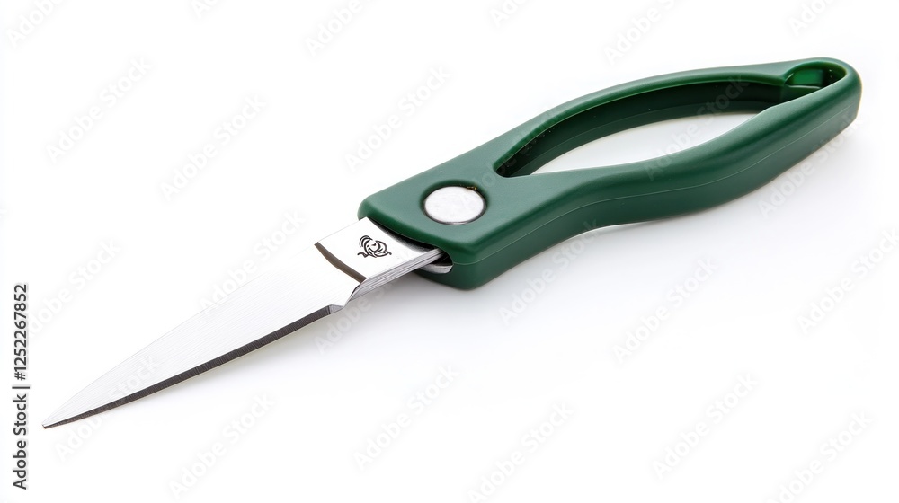Fototapeta premium Green-handled kitchen shears on white. Food prep tool